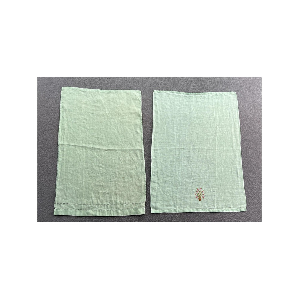 Vintage Light Green Linen Hand Towels Set of 2 Embroidered Floral Hemstitch